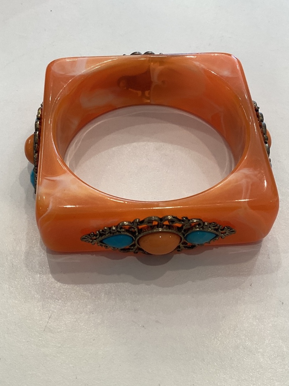 Orange Square Resin Bangle with Turquoise Accent